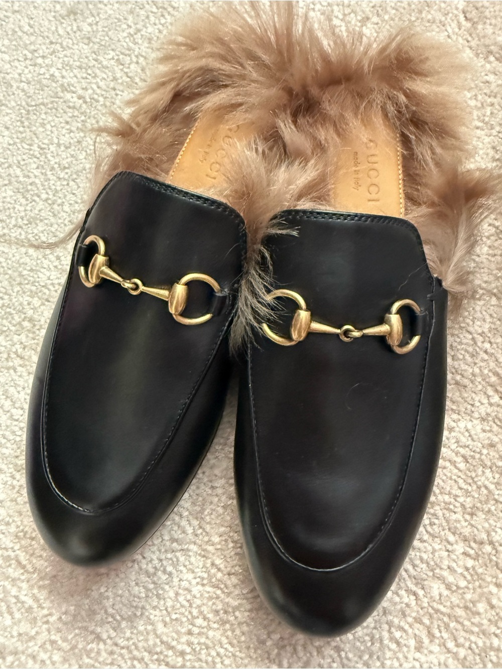 Gucci Black Leather Fur-Lined Mule with Gold Horsebit
